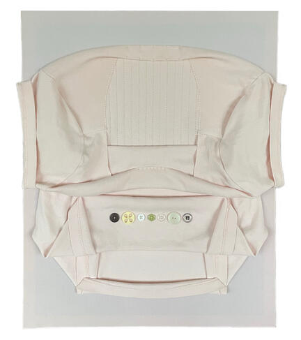 Keep, Watch (Embodiment Series), 2025 16" x 20" old t-shirt, bedlinen, found buttons, thread