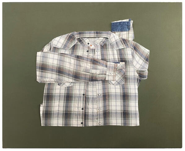 Shelter (Embodiment Series), 2025 42" x 34" dad's old shirt, leftover fabric from mom's upholstery project, thread