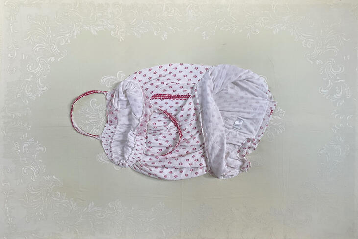 Life Cycles, 2025 60" x 40" secondhand floral dress, tablecloth, thread