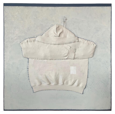 Untitled I (Embodiment Series), 2025 36" x 36" second-hand hoodie, bedlinen, thread, paverpol, acrylic