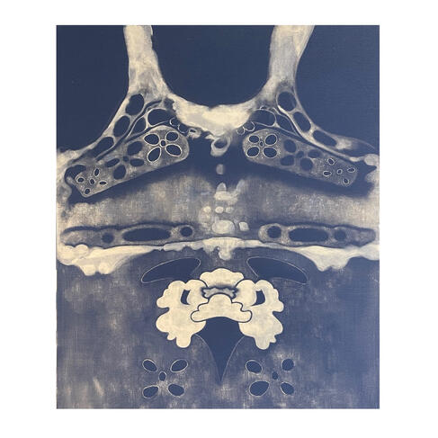 Through, 2024 20" x 24" bedlinen, acrylic