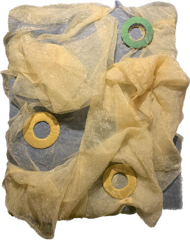 Untitled, 2021 20" x 24" found-fabric, yarn, cardboard, thread, raw canvas