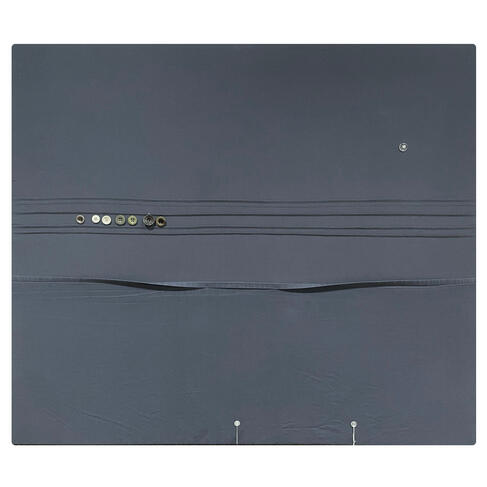 Out the window, 2024 36" x 31" bedlinen, found buttons, thread